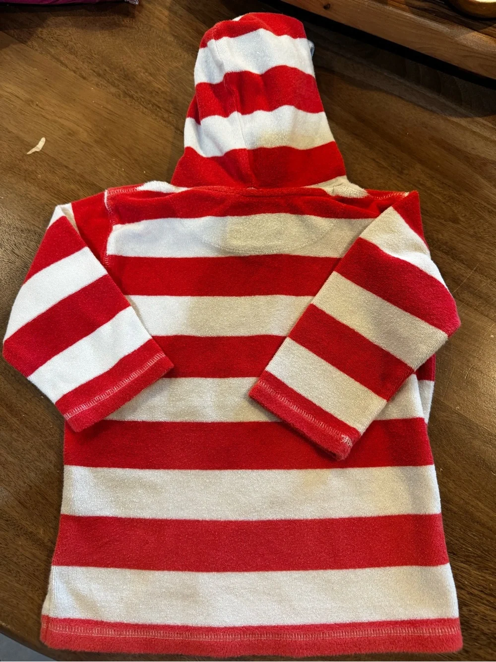 Mini Boden Kids Red & White Stripe Hooded Toweling Coverup with Crab Appliqué
